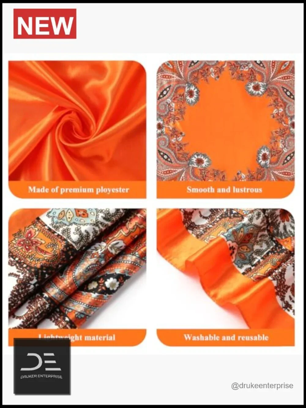Large 35 Inch Square Satin Head Scarf for Women - Polyester Hair Wrap Bandana